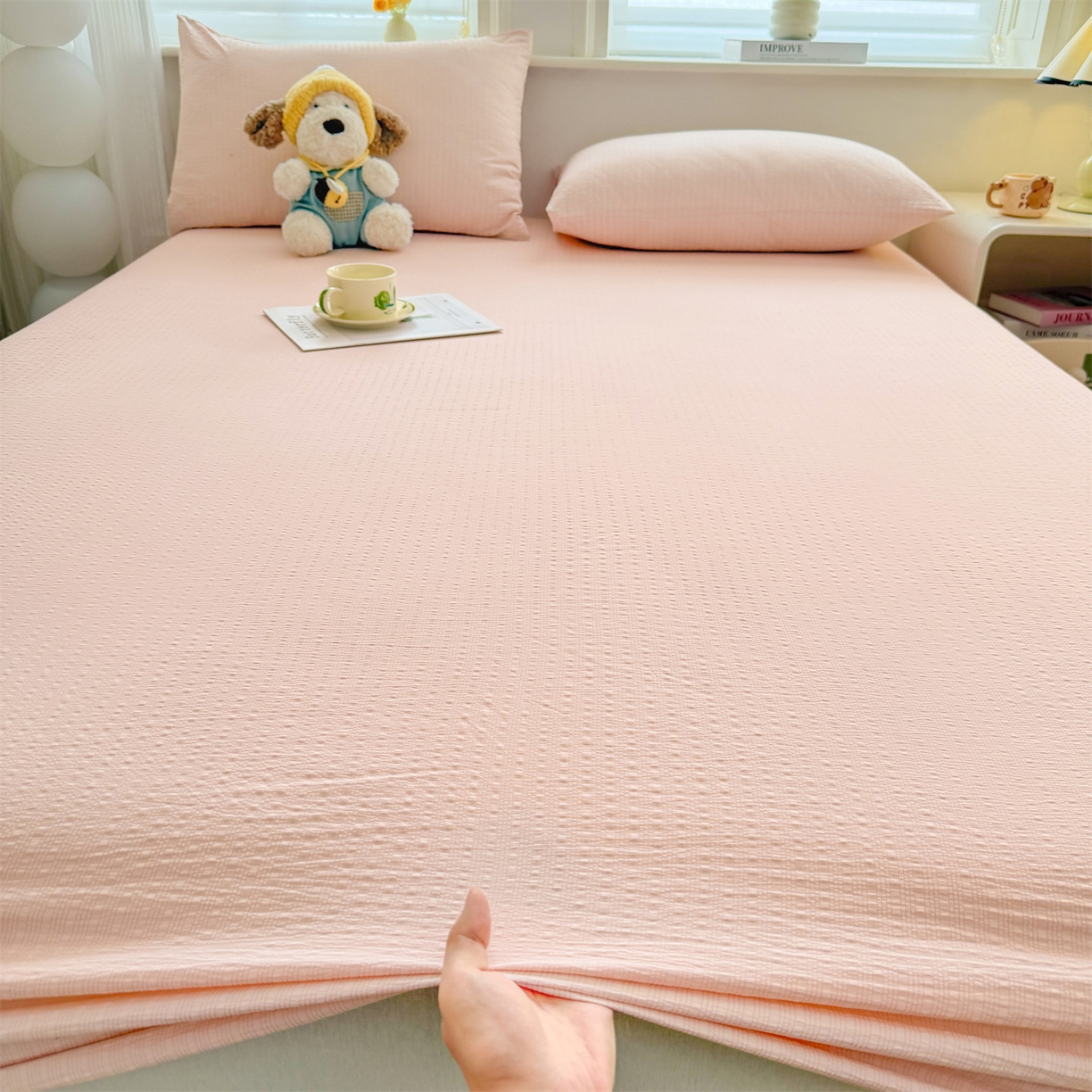 91家纺网 家纺一手货源 找家纺 优眠坊 2026春夏新款泡芙纱印花单床笠 床笠单件 芙蓉粉-单层