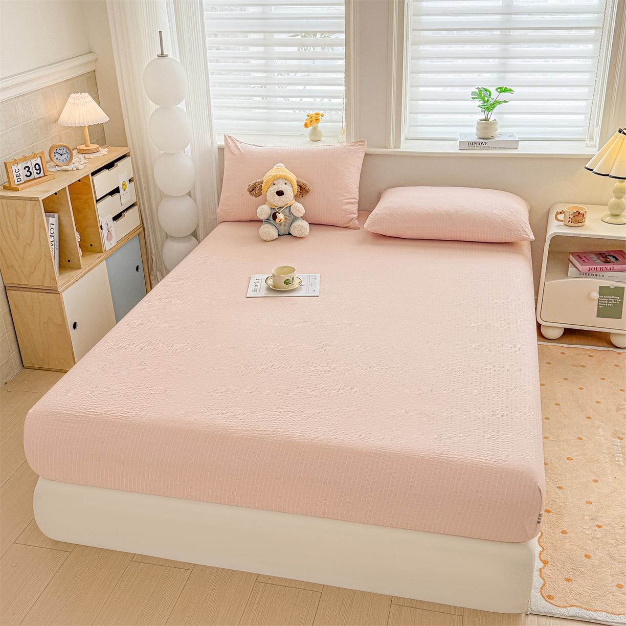 91家纺网 家纺一手货源 找家纺 优眠坊 2026春夏新款泡芙纱印花单床笠 床笠单件 芙蓉粉-单层