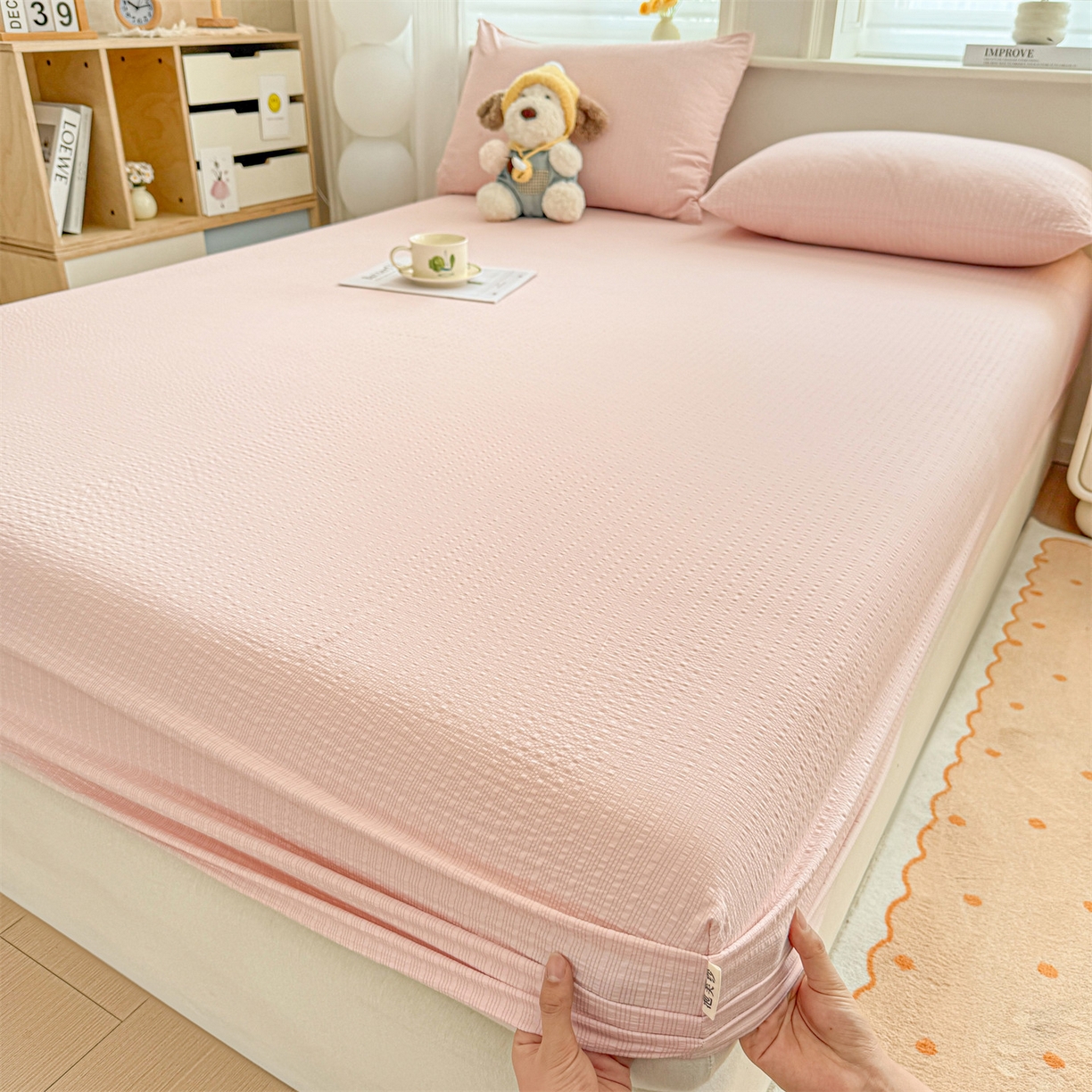 91家纺网 家纺一手货源 找家纺 优眠坊 2026春夏新款泡芙纱印花单床笠 床笠单件 芙蓉粉-单层