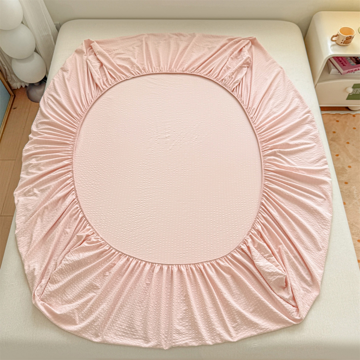 91家纺网 家纺一手货源 找家纺 优眠坊 2026春夏新款泡芙纱印花单床笠 床笠单件 芙蓉粉-单层