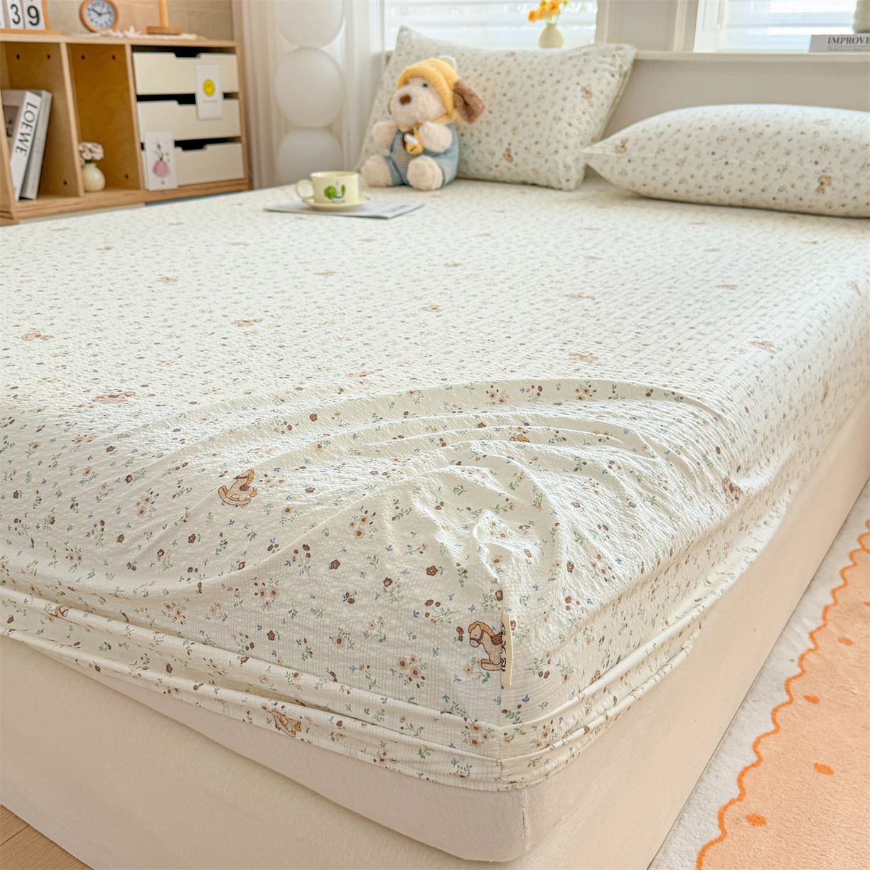 91家纺网 家纺一手货源 找家纺 优眠坊 2026春夏新款泡芙纱印花单床笠 床笠单件 萌趣小马-单层