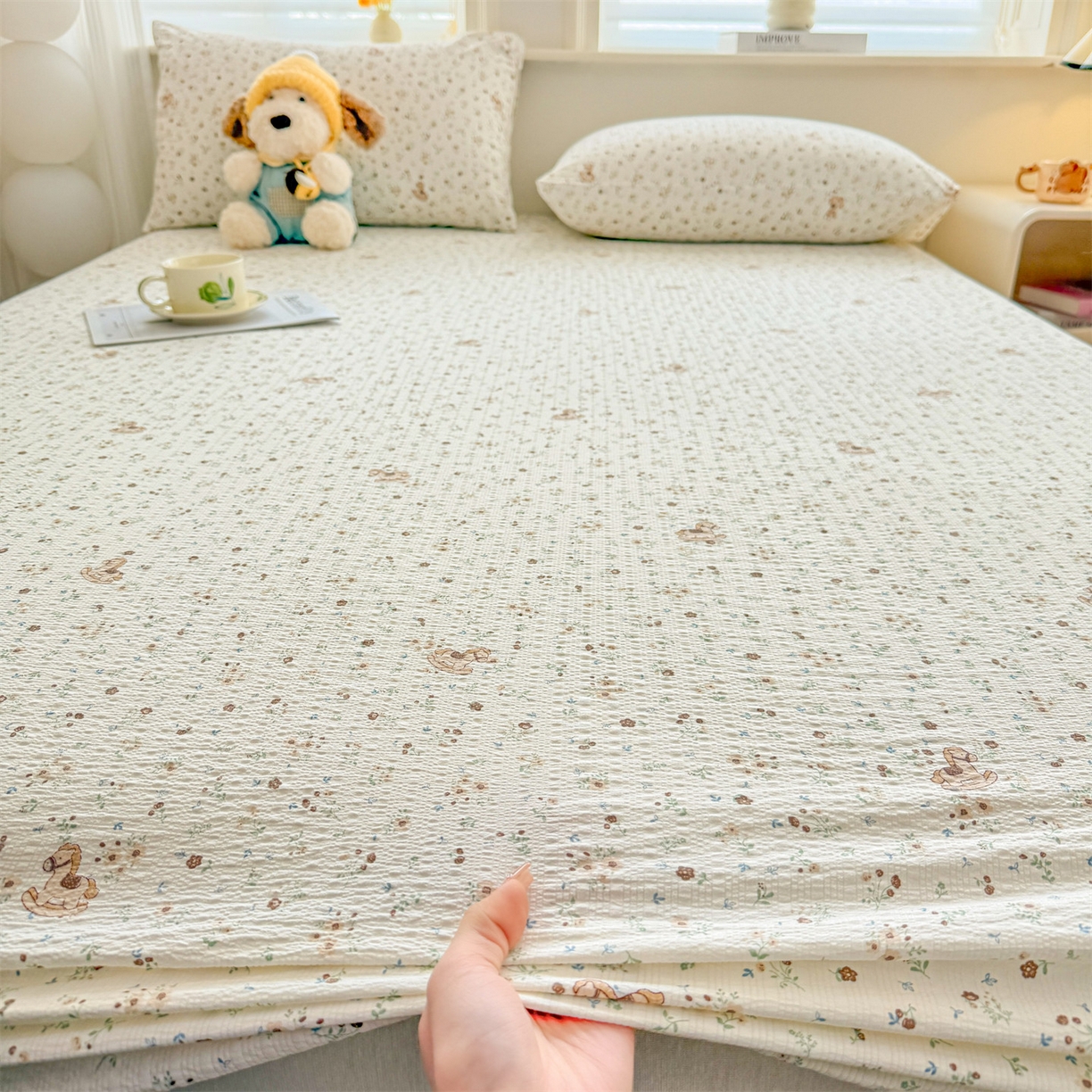 91家纺网 家纺一手货源 找家纺 优眠坊 2026春夏新款泡芙纱印花单床笠 床笠单件 萌趣小马-单层