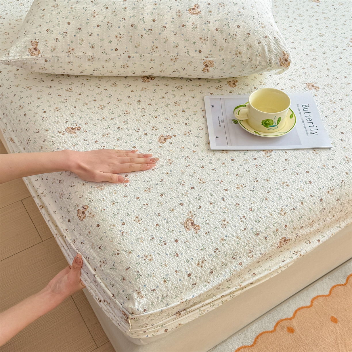 91家纺网 家纺一手货源 找家纺 优眠坊 2026春夏新款泡芙纱印花单床笠 床笠单件 萌趣小马-单层