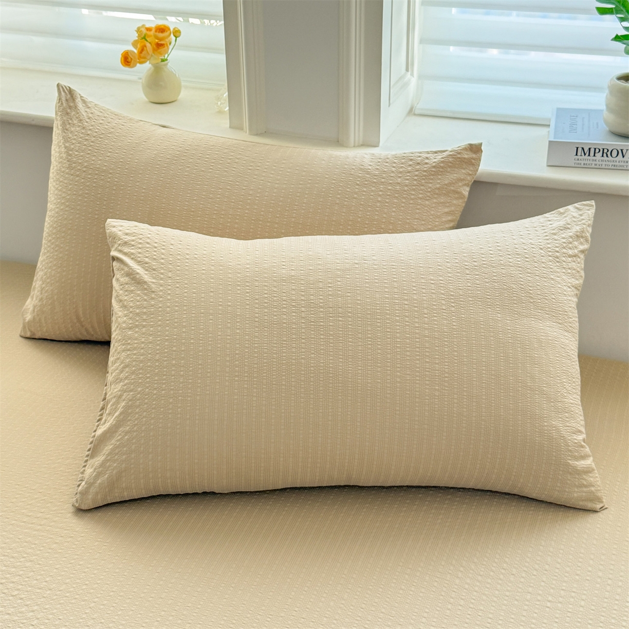 91家纺网 家纺一手货源 找家纺 优眠坊 2026春夏新款泡芙纱印花单床笠 床笠单件 米杏色-单层