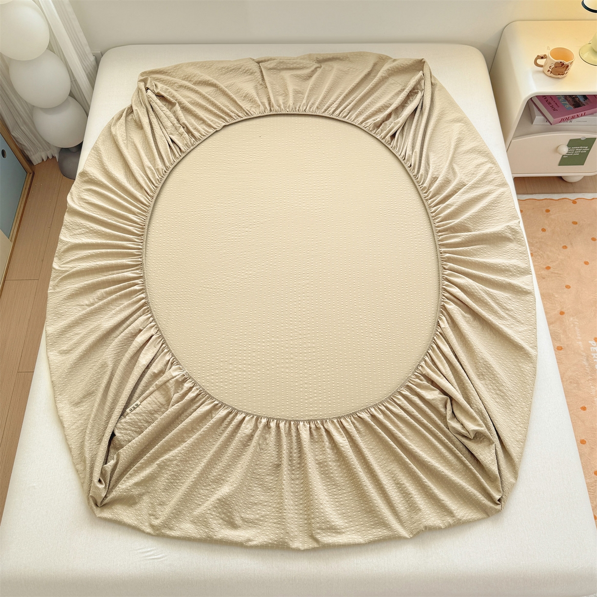 91家纺网 家纺一手货源 找家纺 优眠坊 2026春夏新款泡芙纱印花单床笠 床笠单件 米杏色-单层