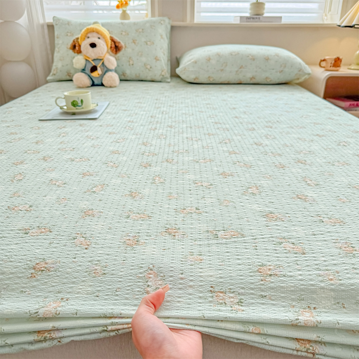 91家纺网 家纺一手货源 找家纺 优眠坊 2026春夏新款泡芙纱印花单床笠 床笠单件 柔情蜜意-单层