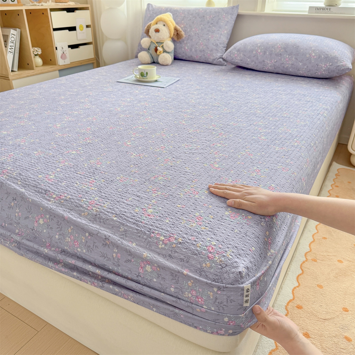 优眠坊 2026春夏新款泡芙纱印花单床笠 床笠单件 柔紫碎花-单层
