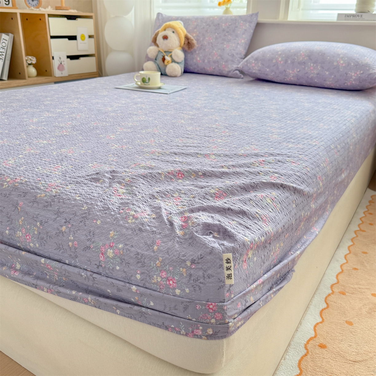 91家纺网 家纺一手货源 找家纺 优眠坊 2026春夏新款泡芙纱印花单床笠 床笠单件 柔紫碎花-单层