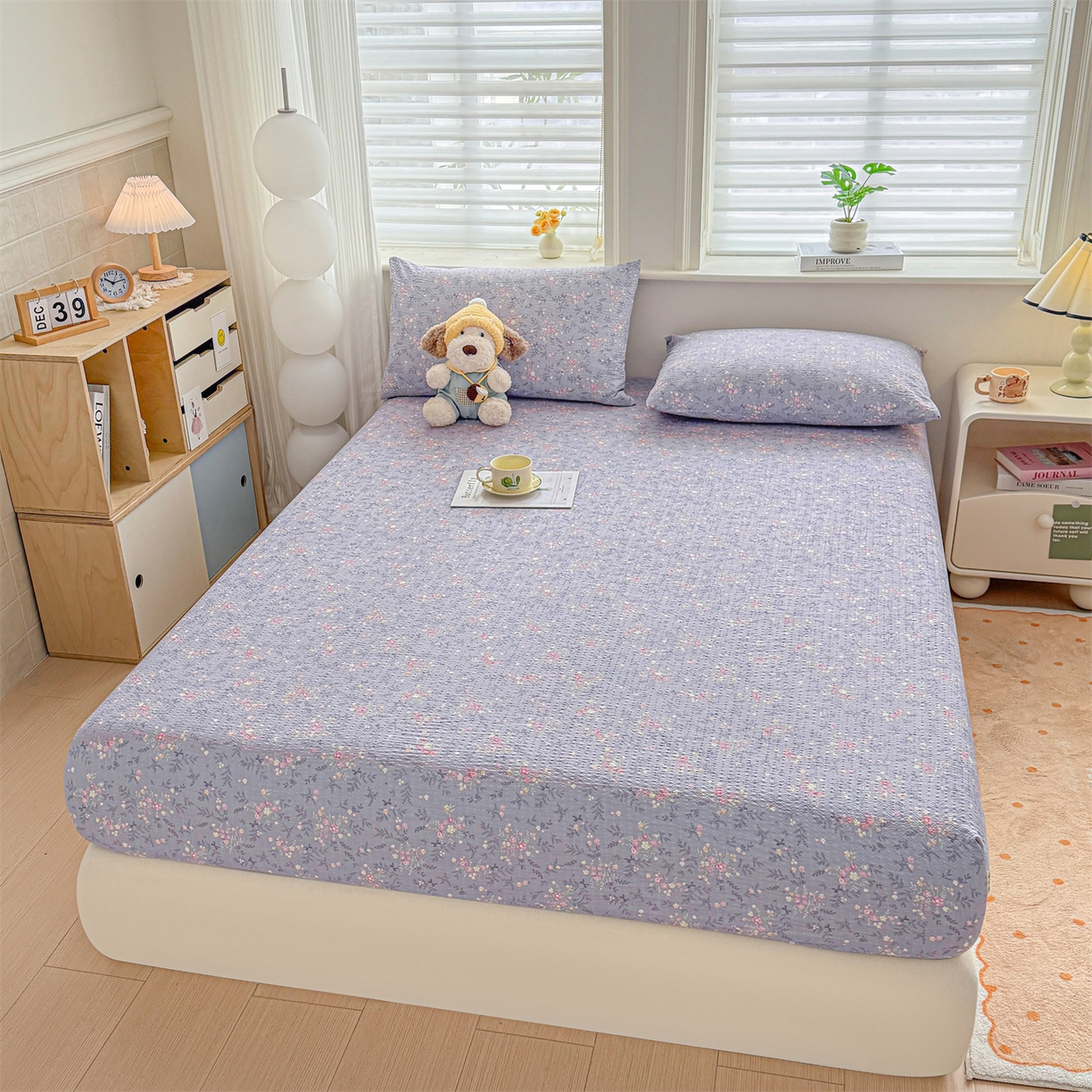 91家纺网 家纺一手货源 找家纺 优眠坊 2026春夏新款泡芙纱印花单床笠 床笠单件 柔紫碎花-单层