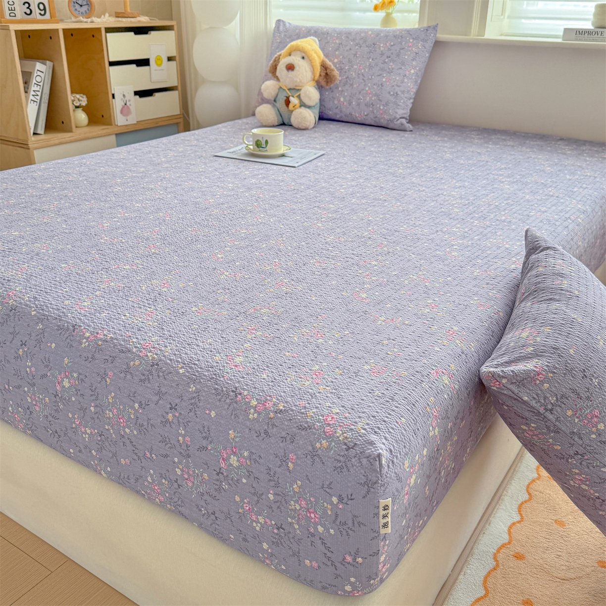 91家纺网 家纺一手货源 找家纺 优眠坊 2026春夏新款泡芙纱印花单床笠 床笠单件 柔紫碎花-单层