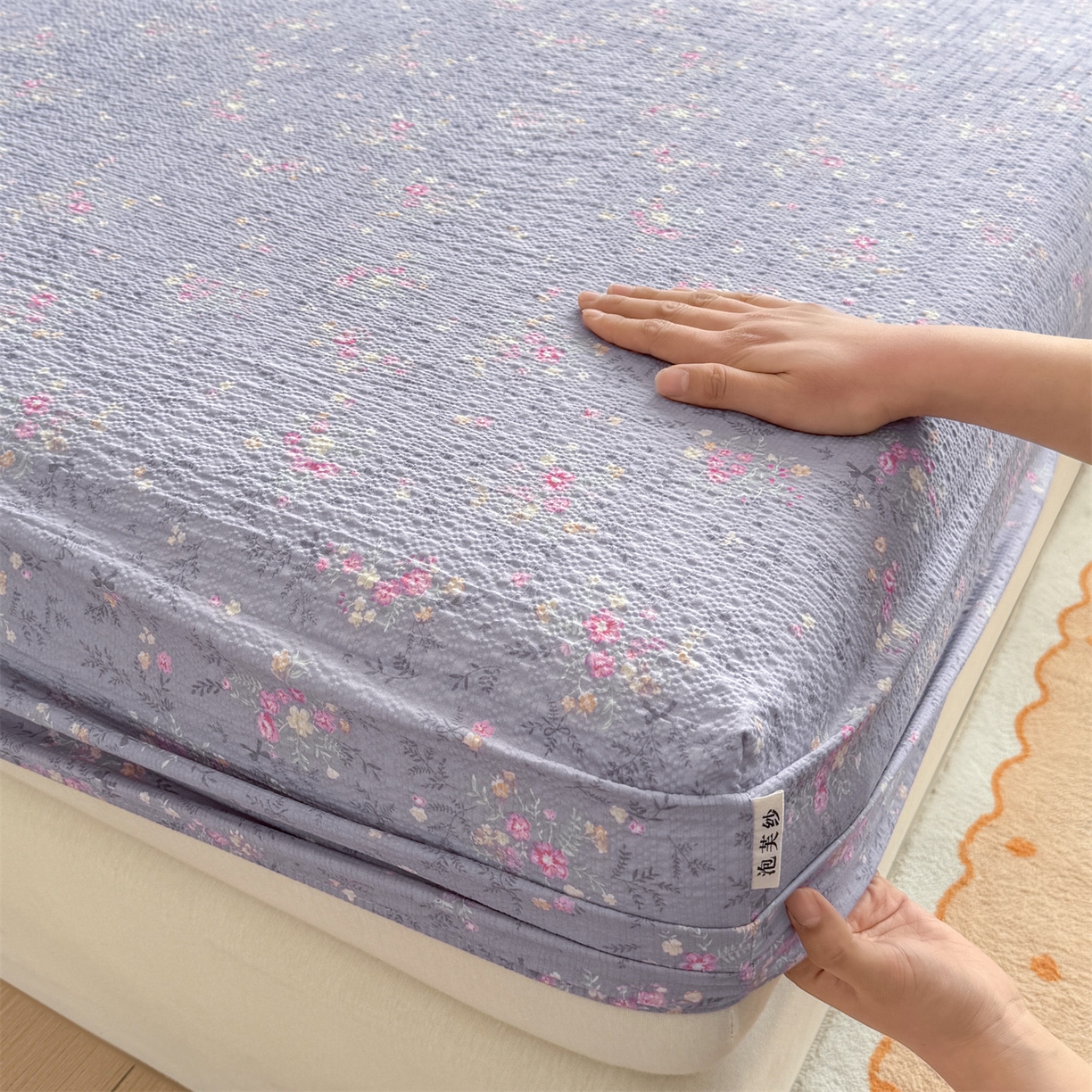 91家纺网 家纺一手货源 找家纺 优眠坊 2026春夏新款泡芙纱印花单床笠 床笠单件 柔紫碎花-单层