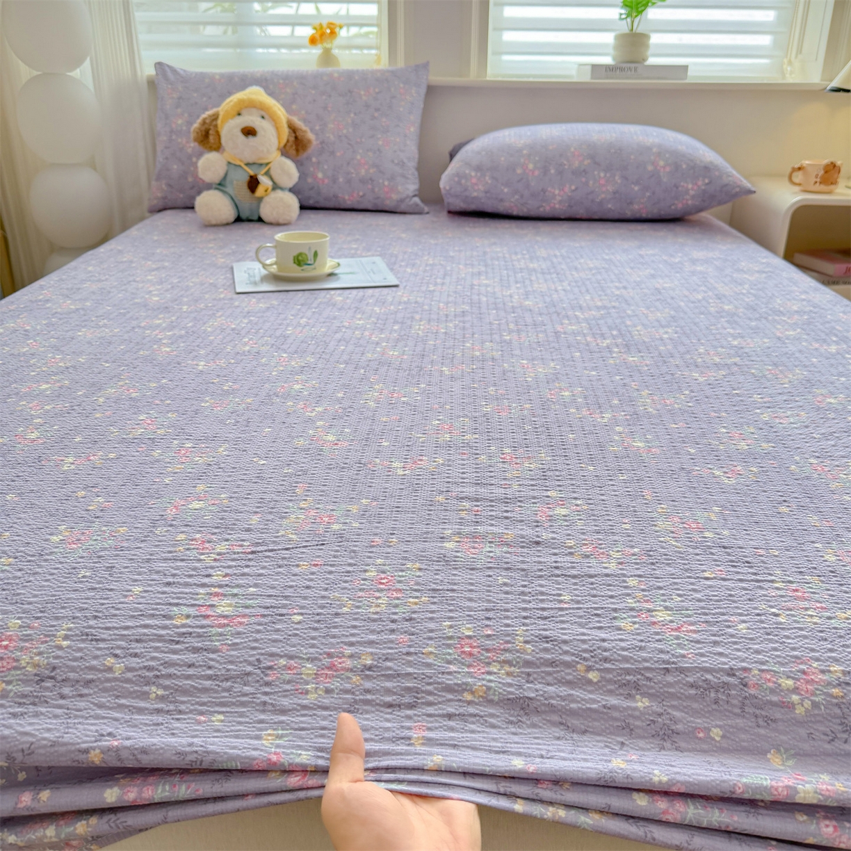 91家纺网 家纺一手货源 找家纺 优眠坊 2026春夏新款泡芙纱印花单床笠 床笠单件 柔紫碎花-单层