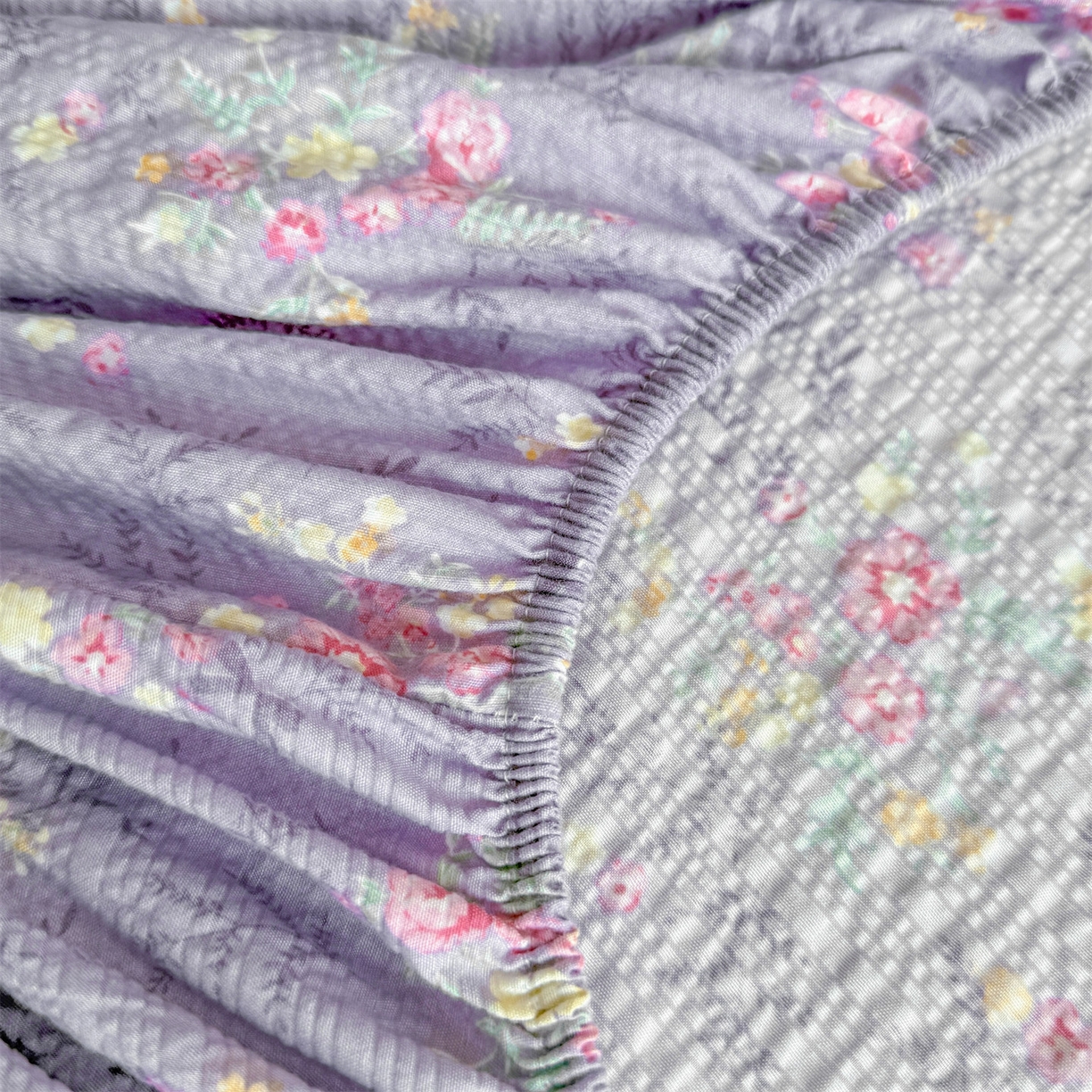 91家纺网 家纺一手货源 找家纺 优眠坊 2026春夏新款泡芙纱印花单床笠 床笠单件 柔紫碎花-单层