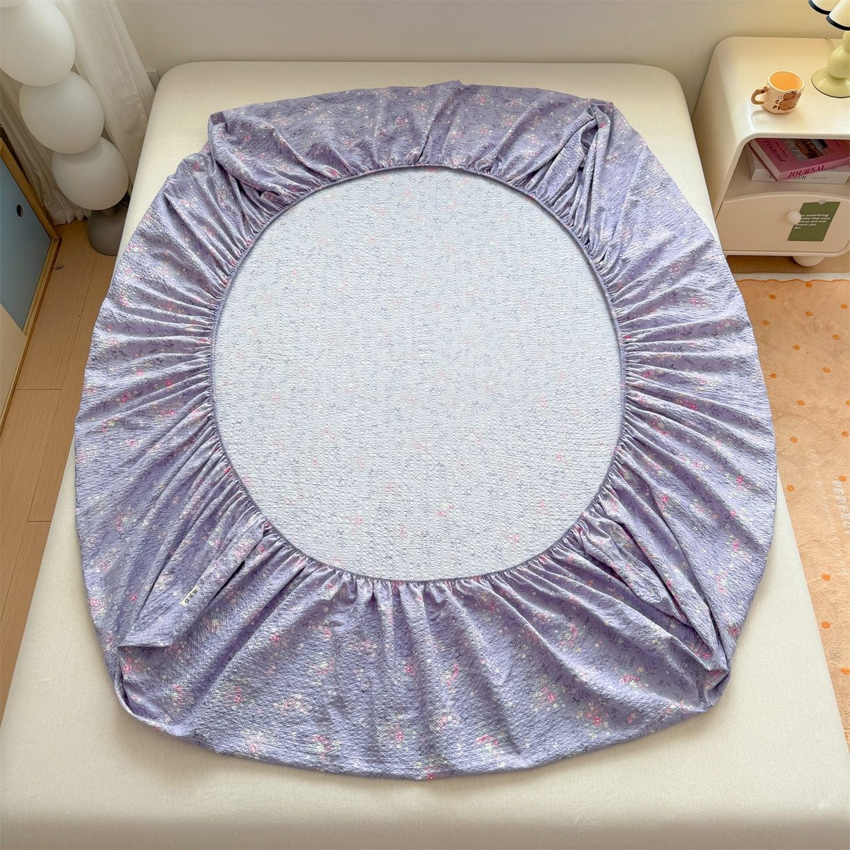 91家纺网 家纺一手货源 找家纺 优眠坊 2026春夏新款泡芙纱印花单床笠 床笠单件 柔紫碎花-单层