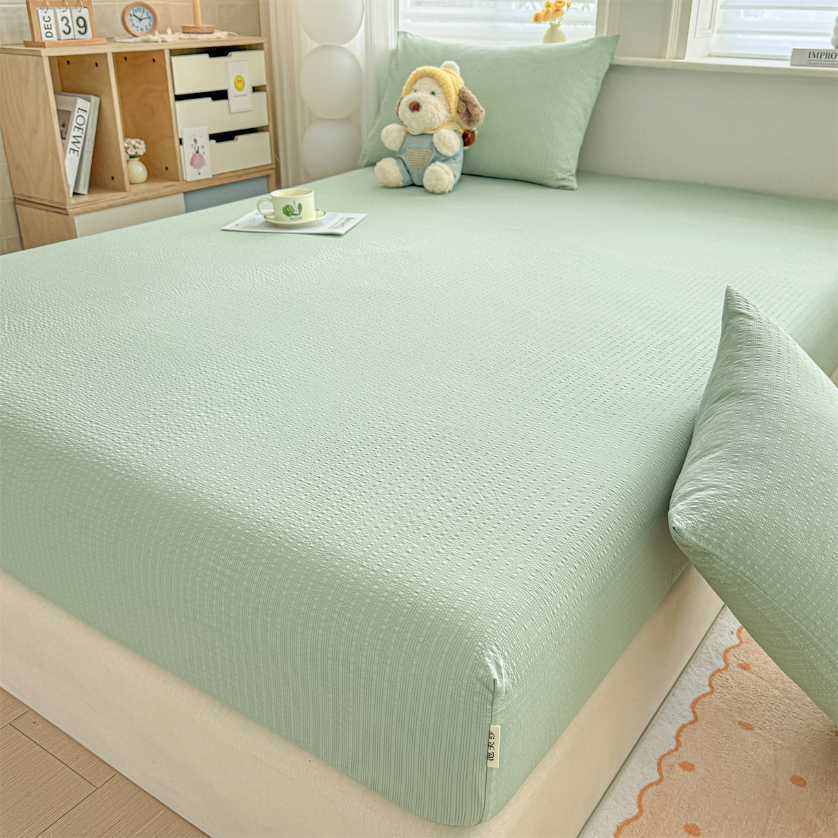 91家纺网 家纺一手货源 找家纺 优眠坊 2026春夏新款泡芙纱印花单床笠 床笠单件 森林绿-单层