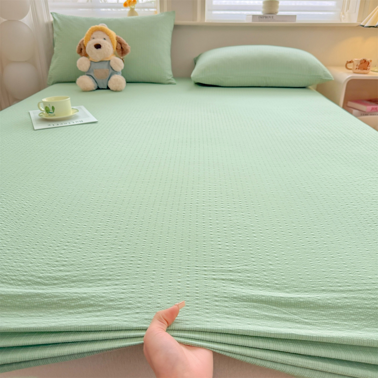 91家纺网 家纺一手货源 找家纺 优眠坊 2026春夏新款泡芙纱印花单床笠 床笠单件 森林绿-单层