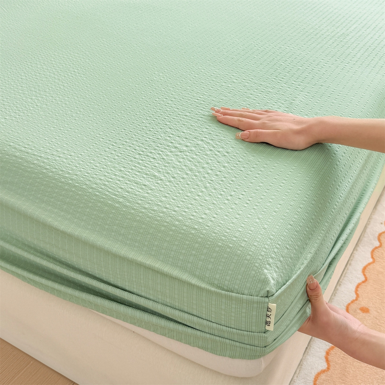 91家纺网 家纺一手货源 找家纺 优眠坊 2026春夏新款泡芙纱印花单床笠 床笠单件 森林绿-单层