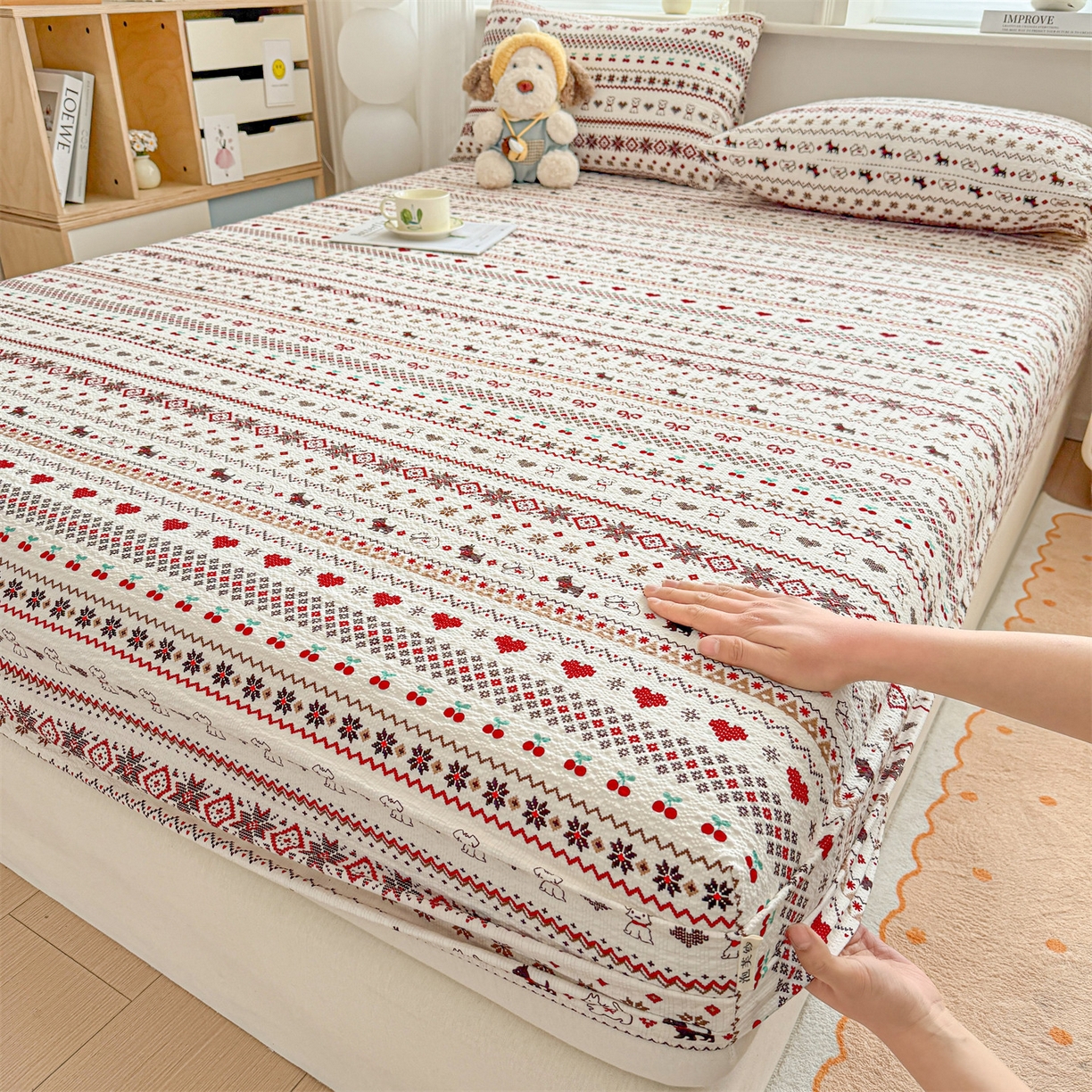 优眠坊 2026春夏新款泡芙纱印花单床笠 床笠单件 圣诞小狗-单层