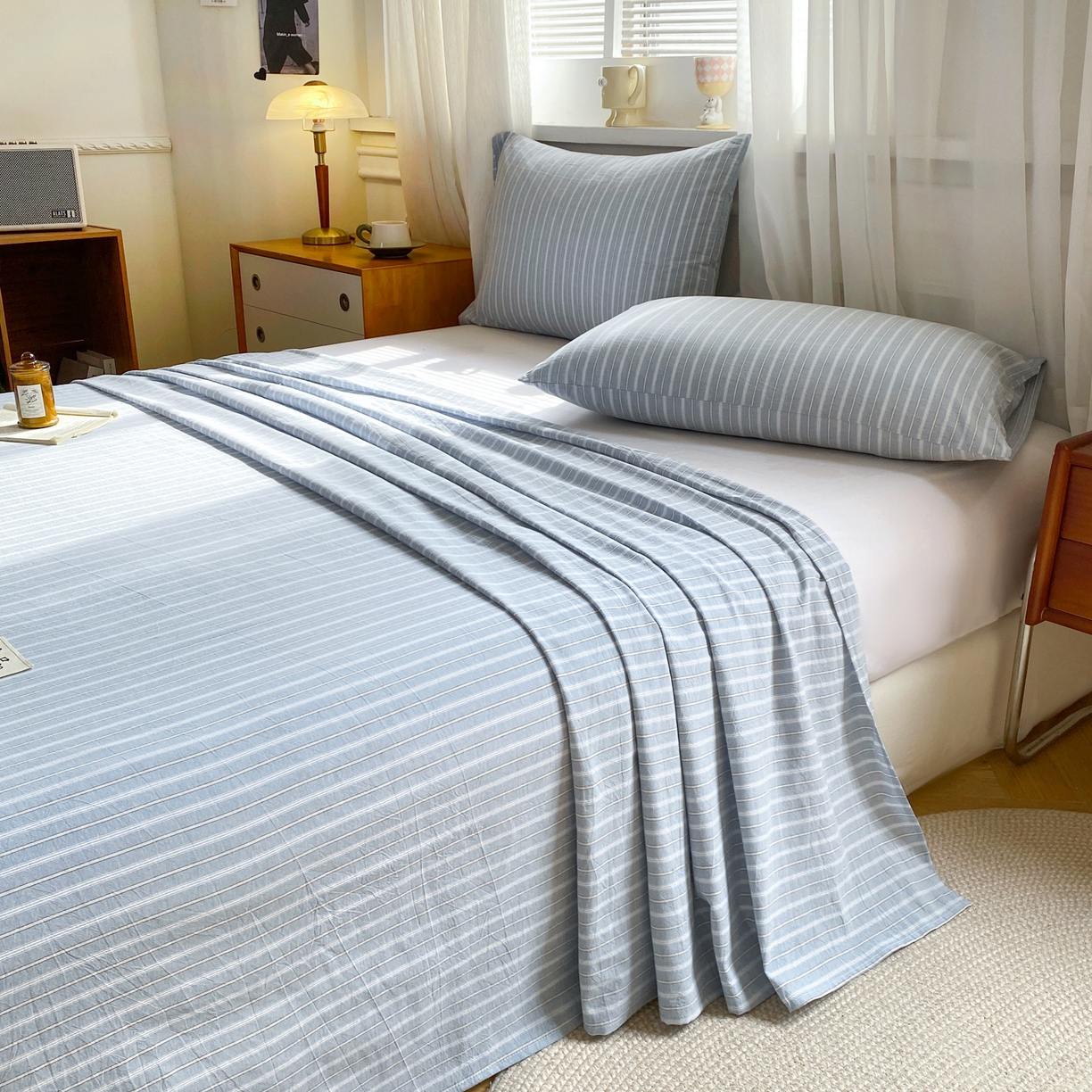 91家纺网 家纺一手货源 找家纺 恋人优选 2026新款全棉纯棉色织床单单床单床单单件 简希蓝条