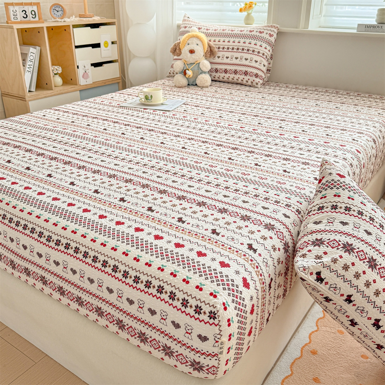 91家纺网 家纺一手货源 找家纺 优眠坊 2026春夏新款泡芙纱印花单床笠 床笠单件 圣诞小狗-单层