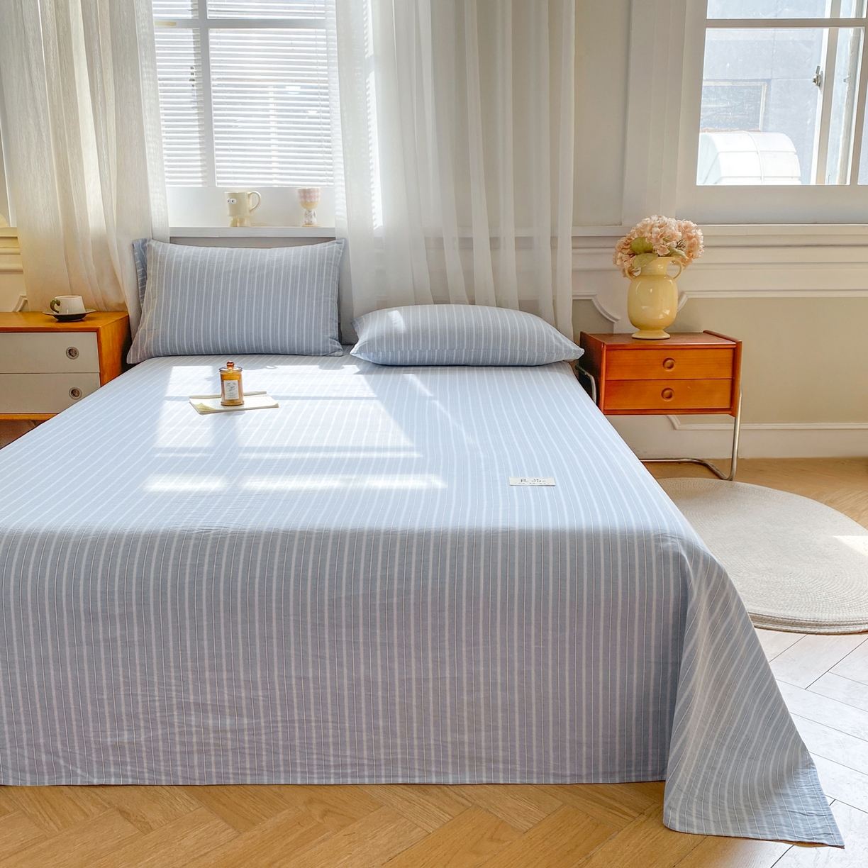 91家纺网 家纺一手货源 找家纺 恋人优选 2026新款全棉纯棉色织床单单床单床单单件 简希蓝条