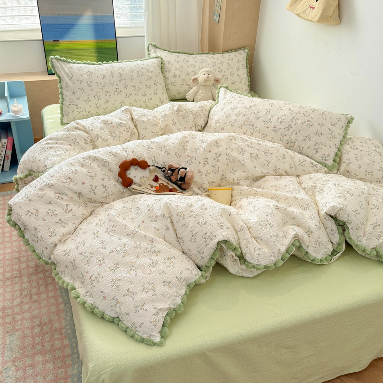 91家纺网 家纺一手货源 找家纺 （总）N先生+V 13814689556 发大图/买家秀 2026新款A类毛球花边泡芙纱四件套