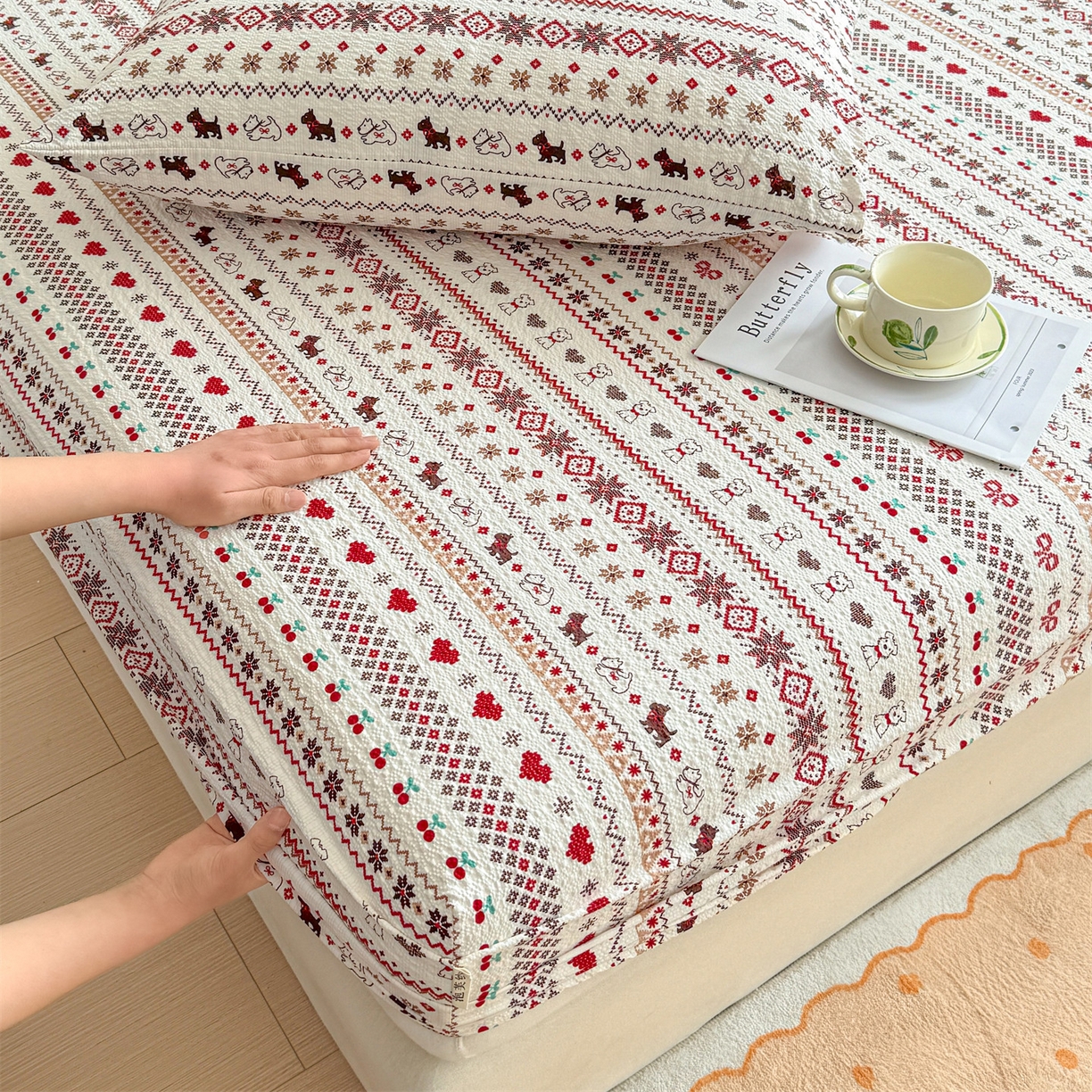 91家纺网 家纺一手货源 找家纺 优眠坊 2026春夏新款泡芙纱印花单床笠 床笠单件 圣诞小狗-单层