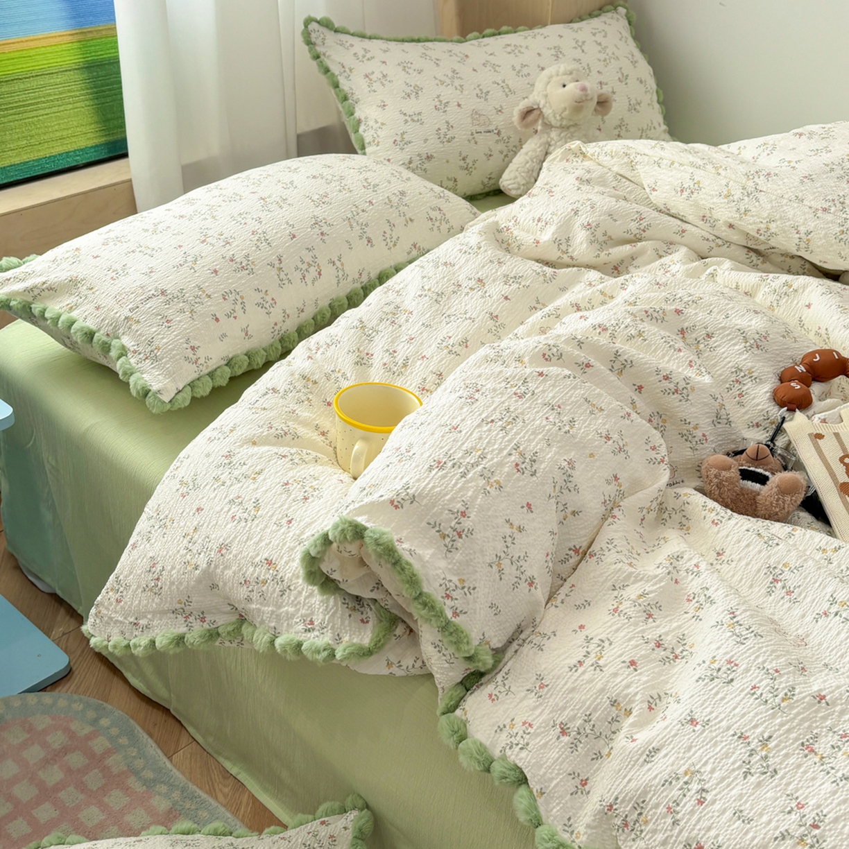 91家纺网 家纺一手货源 找家纺 （总）N先生+V 13814689556 发大图/买家秀 2026新款A类毛球花边泡芙纱四件套