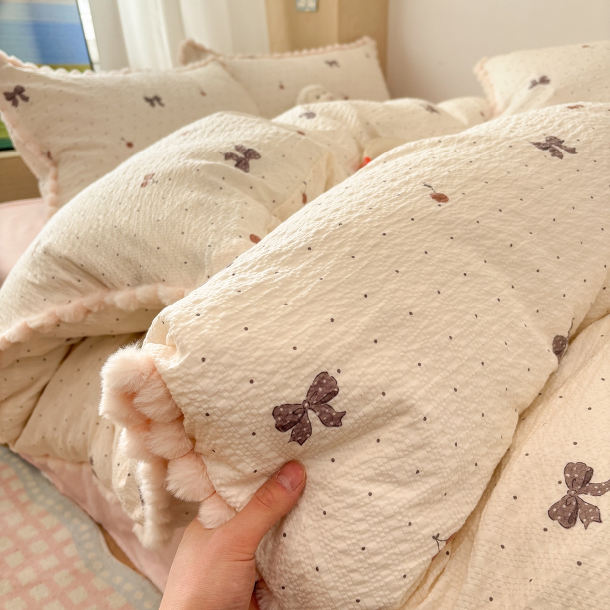 N先生+V 13814689556 发大图/买家秀 2026新款A类毛球花边泡芙纱四件套 可可甜心