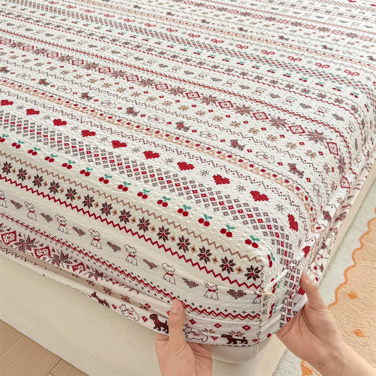 91家纺网 家纺一手货源 找家纺 优眠坊 2026春夏新款泡芙纱印花单床笠 床笠单件 圣诞小狗-单层