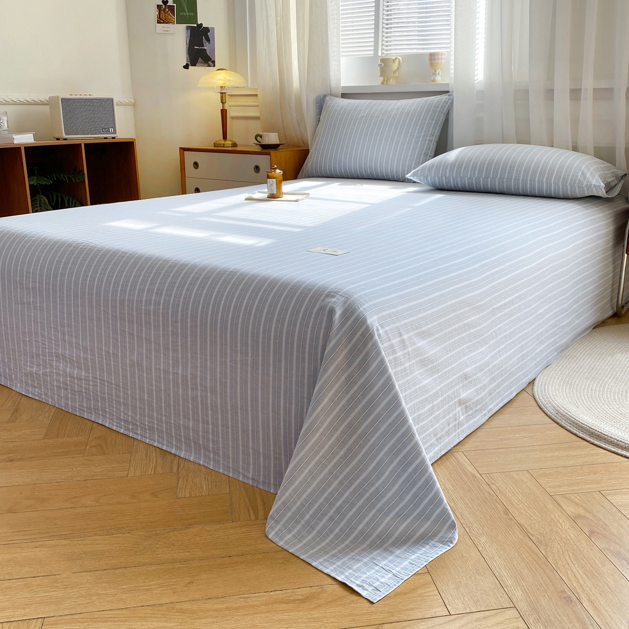 91家纺网 家纺一手货源 找家纺 恋人优选 2026新款全棉纯棉色织床单单床单床单单件 简希蓝条