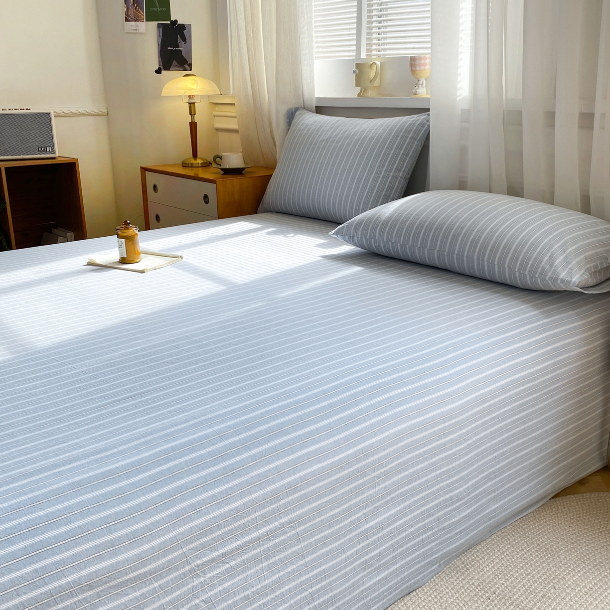 91家纺网 家纺一手货源 找家纺 恋人优选 2026新款全棉纯棉色织床单单床单床单单件 简希蓝条