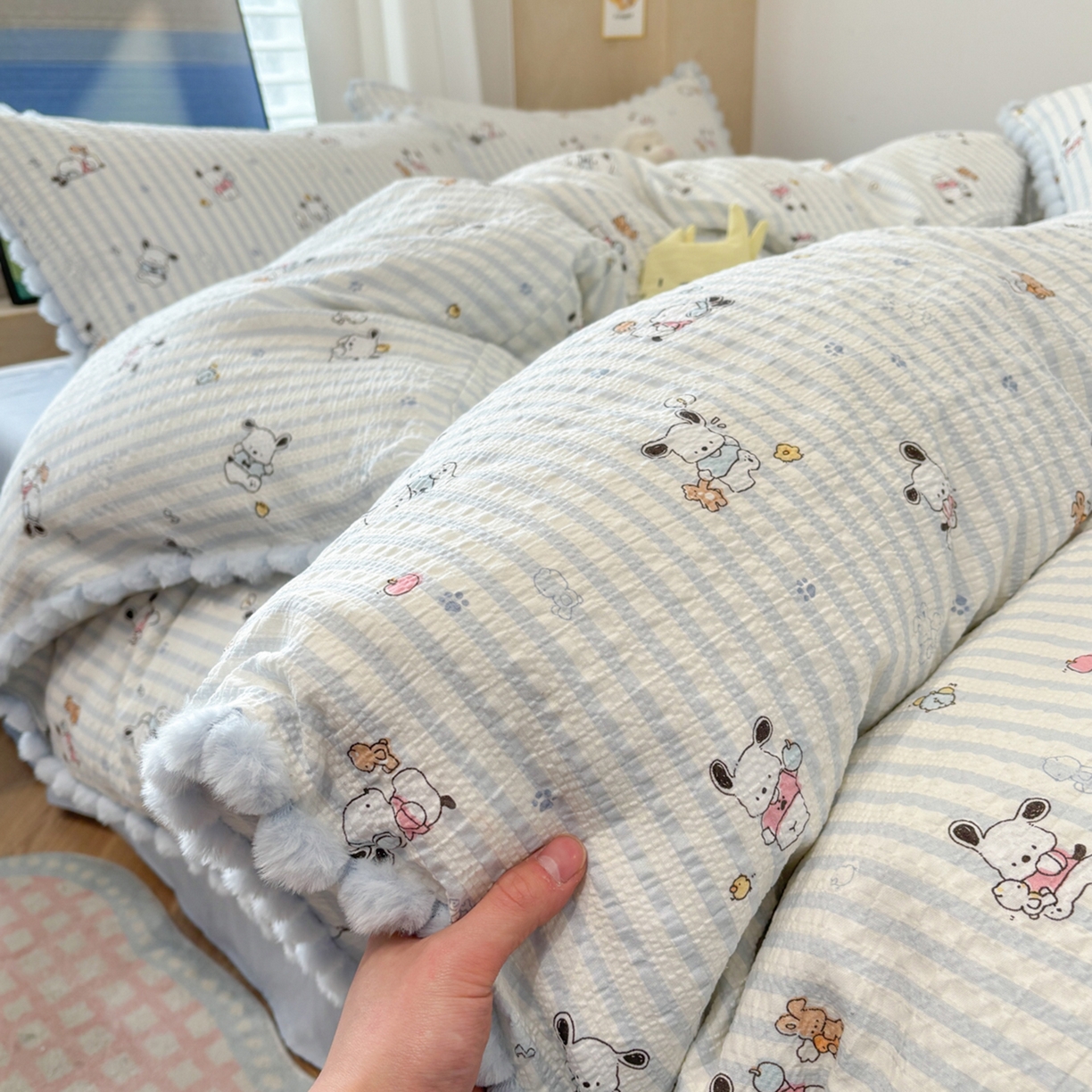 N先生+V 13814689556 发大图/买家秀 2026新款A类毛球花边泡芙纱四件套 欢乐帕恰