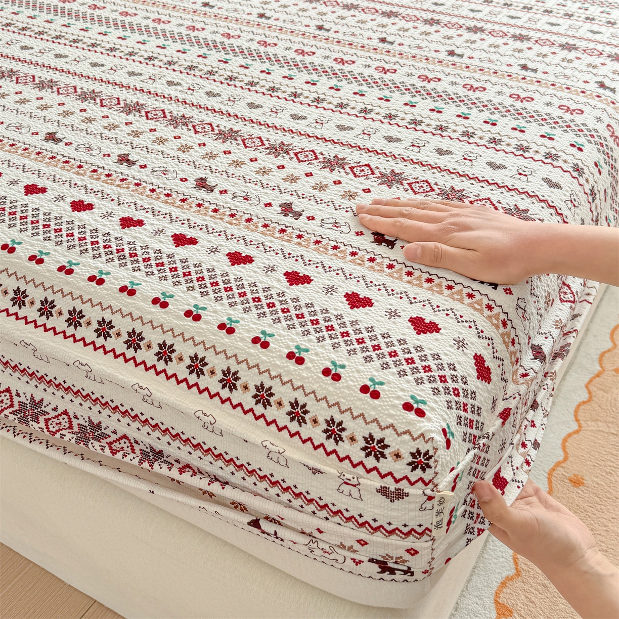 91家纺网 家纺一手货源 找家纺 优眠坊 2026春夏新款泡芙纱印花单床笠 床笠单件 圣诞小狗-单层