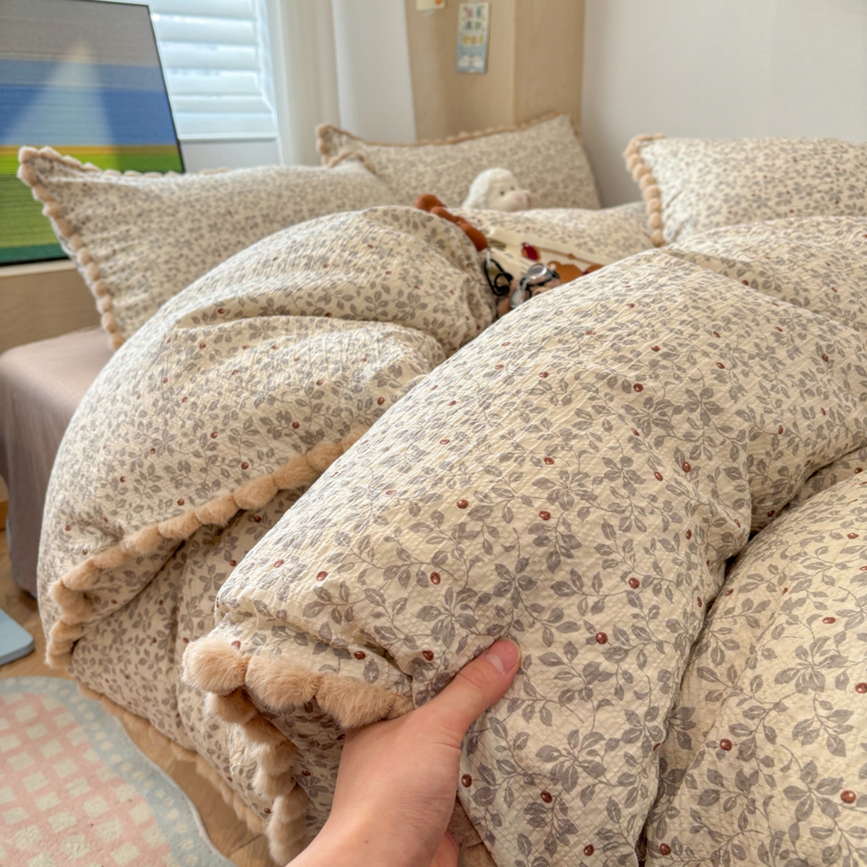 N先生+V 13814689556 发大图/买家秀 2026新款A类毛球花边泡芙纱四件套 花蔓