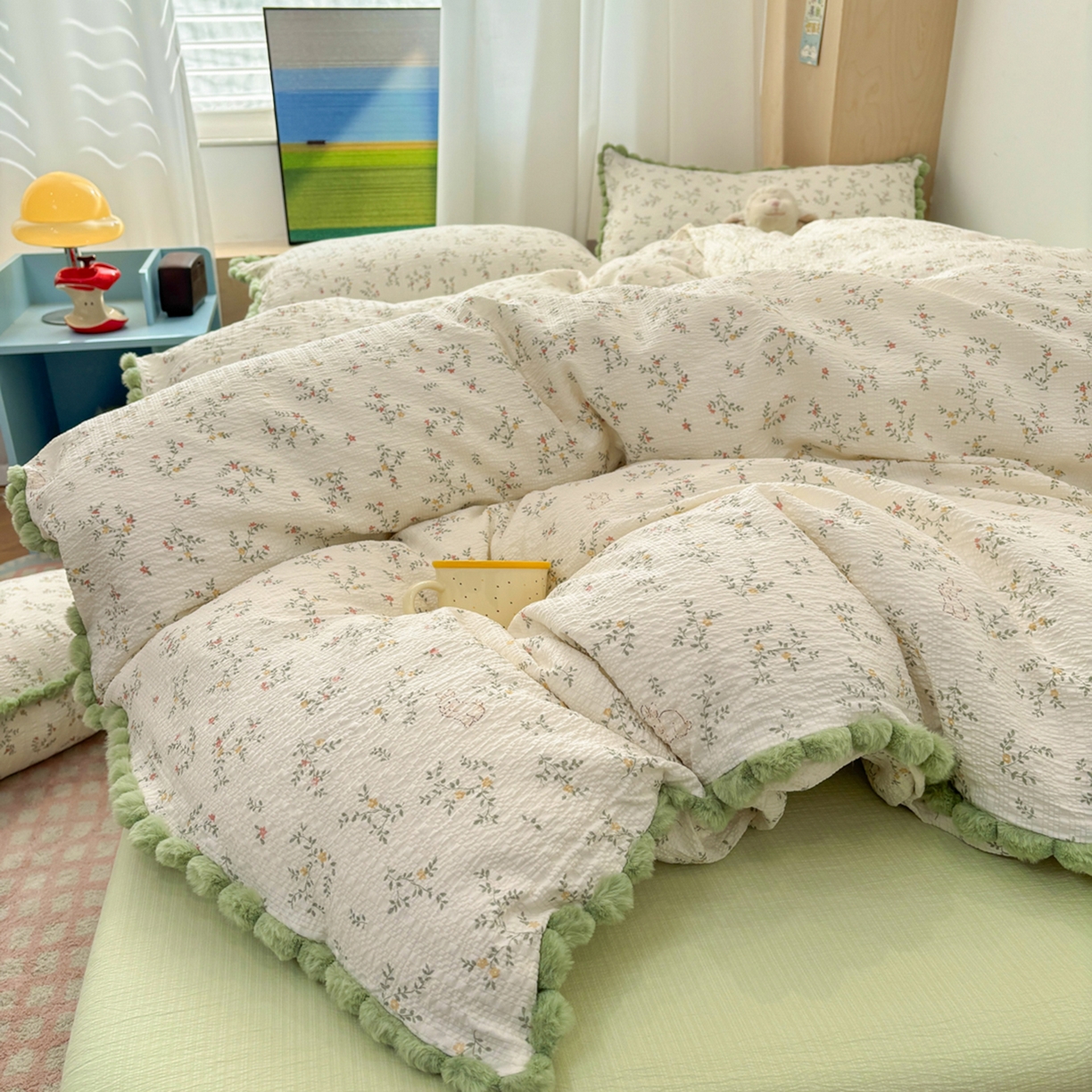 91家纺网 家纺一手货源 找家纺 N先生+V 13814689556 发大图/买家秀 2026新款A类毛球花边泡芙纱四件套 春日花语