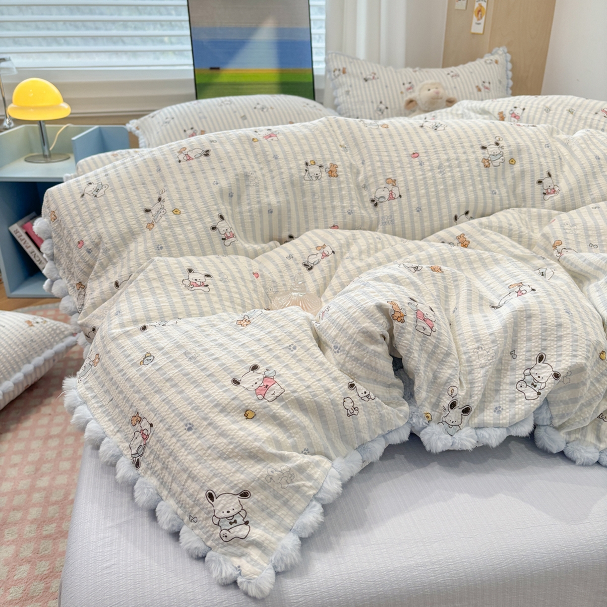 91家纺网 家纺一手货源 找家纺 N先生+V 13814689556 发大图/买家秀 2026新款A类毛球花边泡芙纱四件套 欢乐帕恰