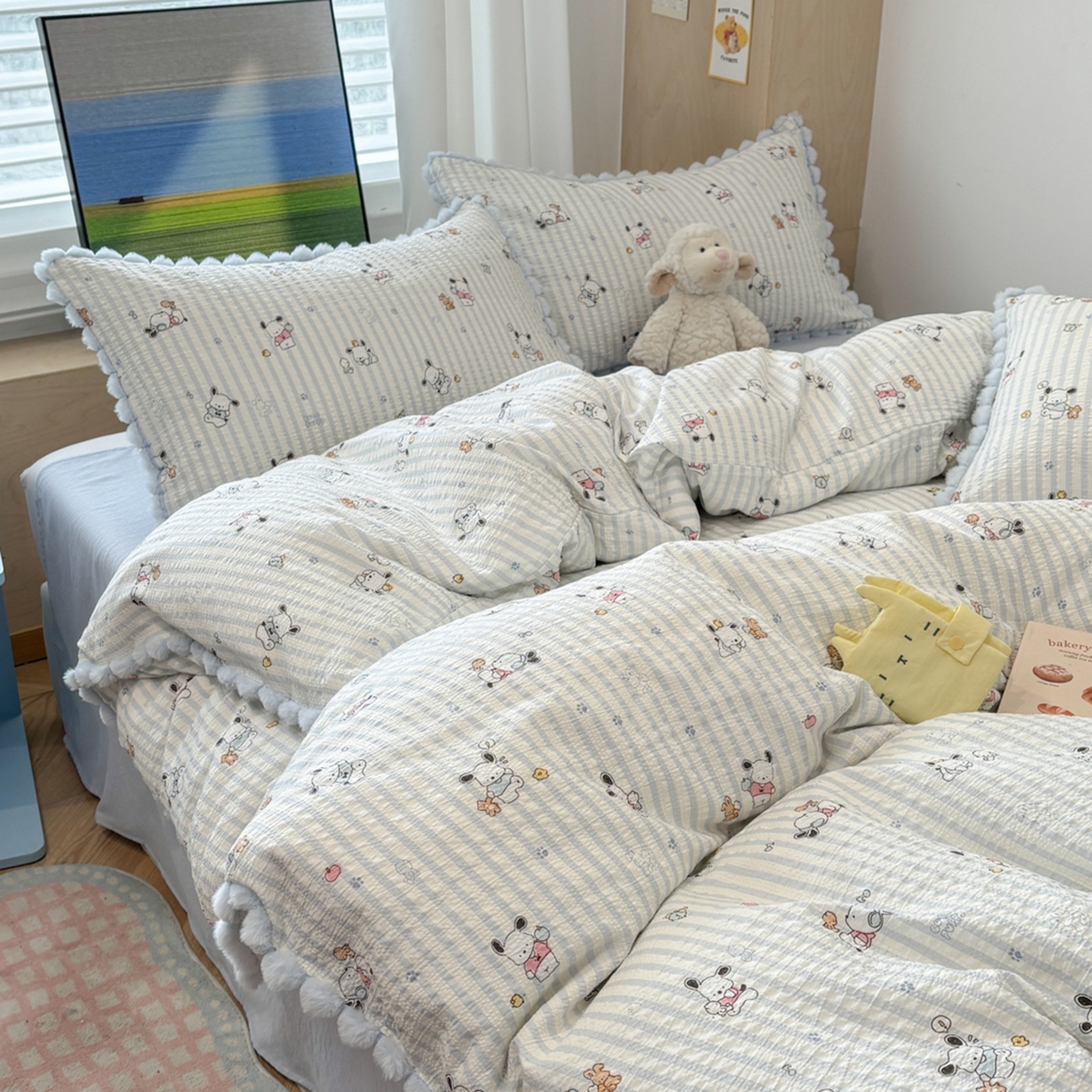 91家纺网 家纺一手货源 找家纺 N先生+V 13814689556 发大图/买家秀 2026新款A类毛球花边泡芙纱四件套 欢乐帕恰