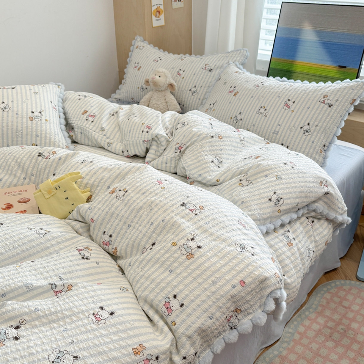 91家纺网 家纺一手货源 找家纺 N先生+V 13814689556 发大图/买家秀 2026新款A类毛球花边泡芙纱四件套 欢乐帕恰