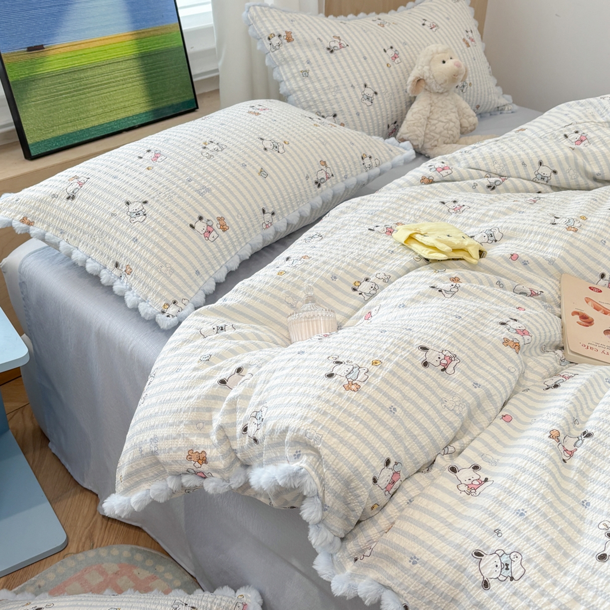 91家纺网 家纺一手货源 找家纺 N先生+V 13814689556 发大图/买家秀 2026新款A类毛球花边泡芙纱四件套 欢乐帕恰