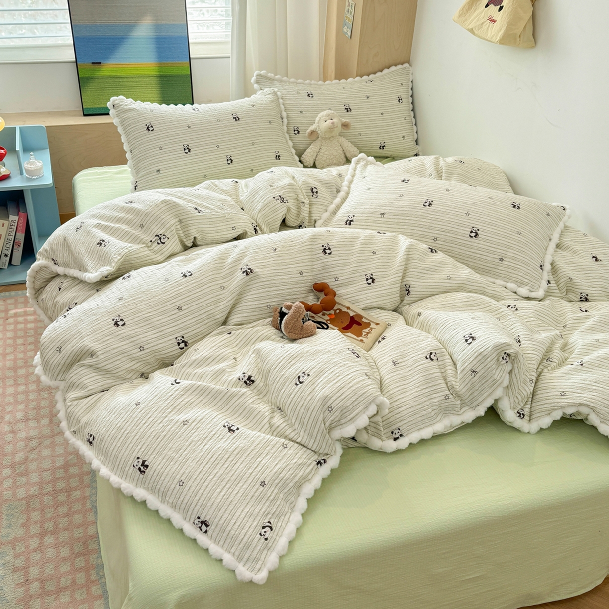 91家纺网 家纺一手货源 找家纺 N先生+V 13814689556 发大图/买家秀 2026新款A类毛球花边泡芙纱四件套 可爱熊猫