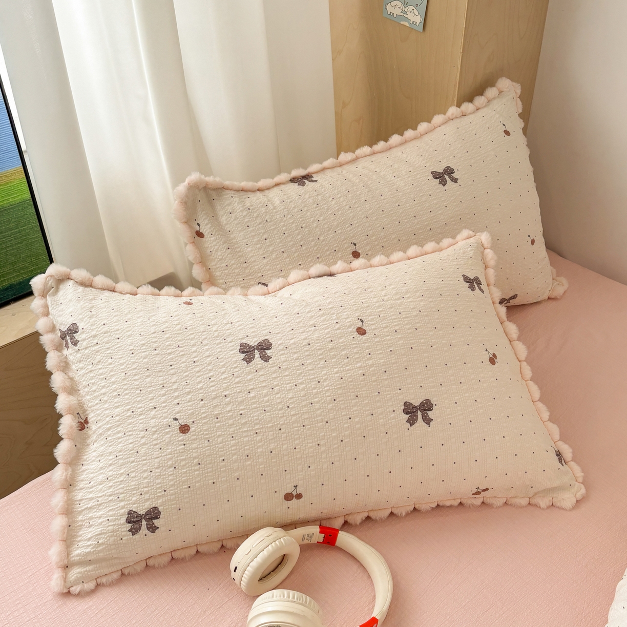 91家纺网 家纺一手货源 找家纺 N先生+V 13814689556 发大图/买家秀 2026新款A类毛球花边泡芙纱四件套 可可甜心