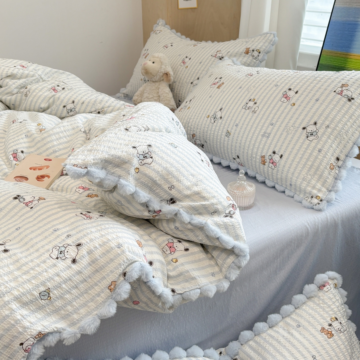 91家纺网 家纺一手货源 找家纺 N先生+V 13814689556 发大图/买家秀 2026新款A类毛球花边泡芙纱四件套 欢乐帕恰