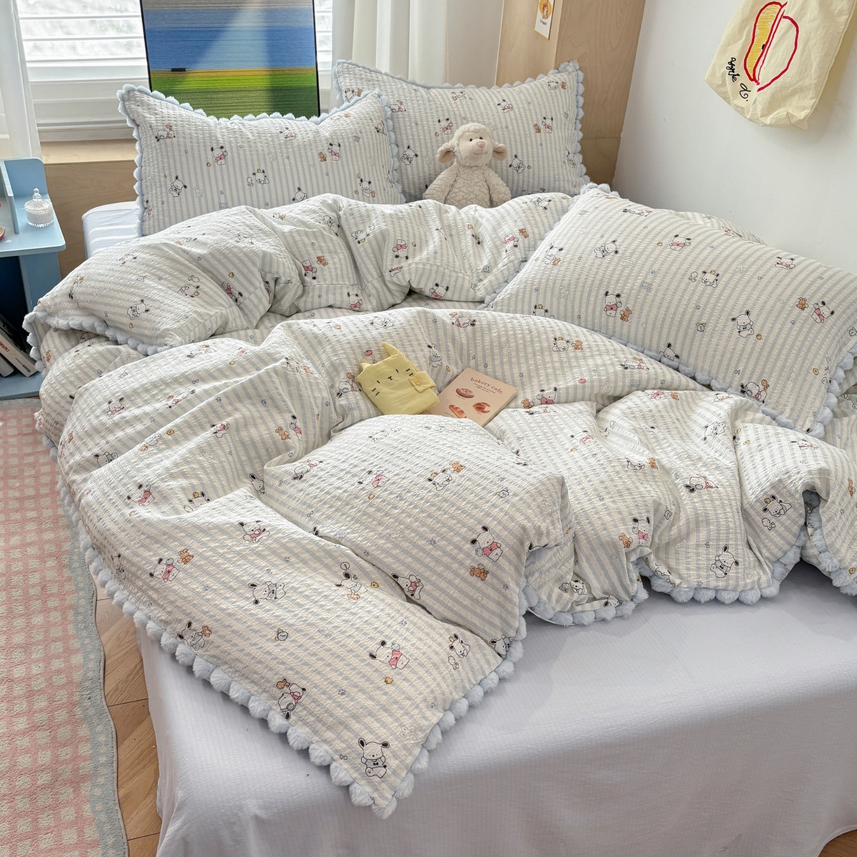 91家纺网 家纺一手货源 找家纺 N先生+V 13814689556 发大图/买家秀 2026新款A类毛球花边泡芙纱四件套 欢乐帕恰