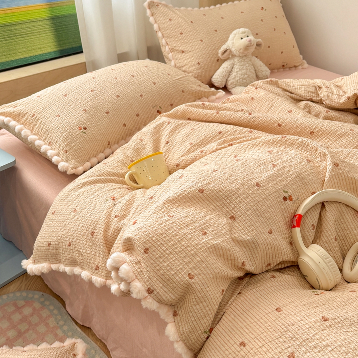 91家纺网 家纺一手货源 找家纺 N先生+V 13814689556 发大图/买家秀 2026新款A类毛球花边泡芙纱四件套 樱桃密语