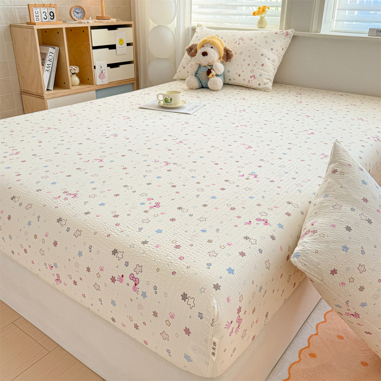 91家纺网 家纺一手货源 找家纺 优眠坊 2026春夏新款泡芙纱印花单床笠 床笠单件 甜心宝贝-单层