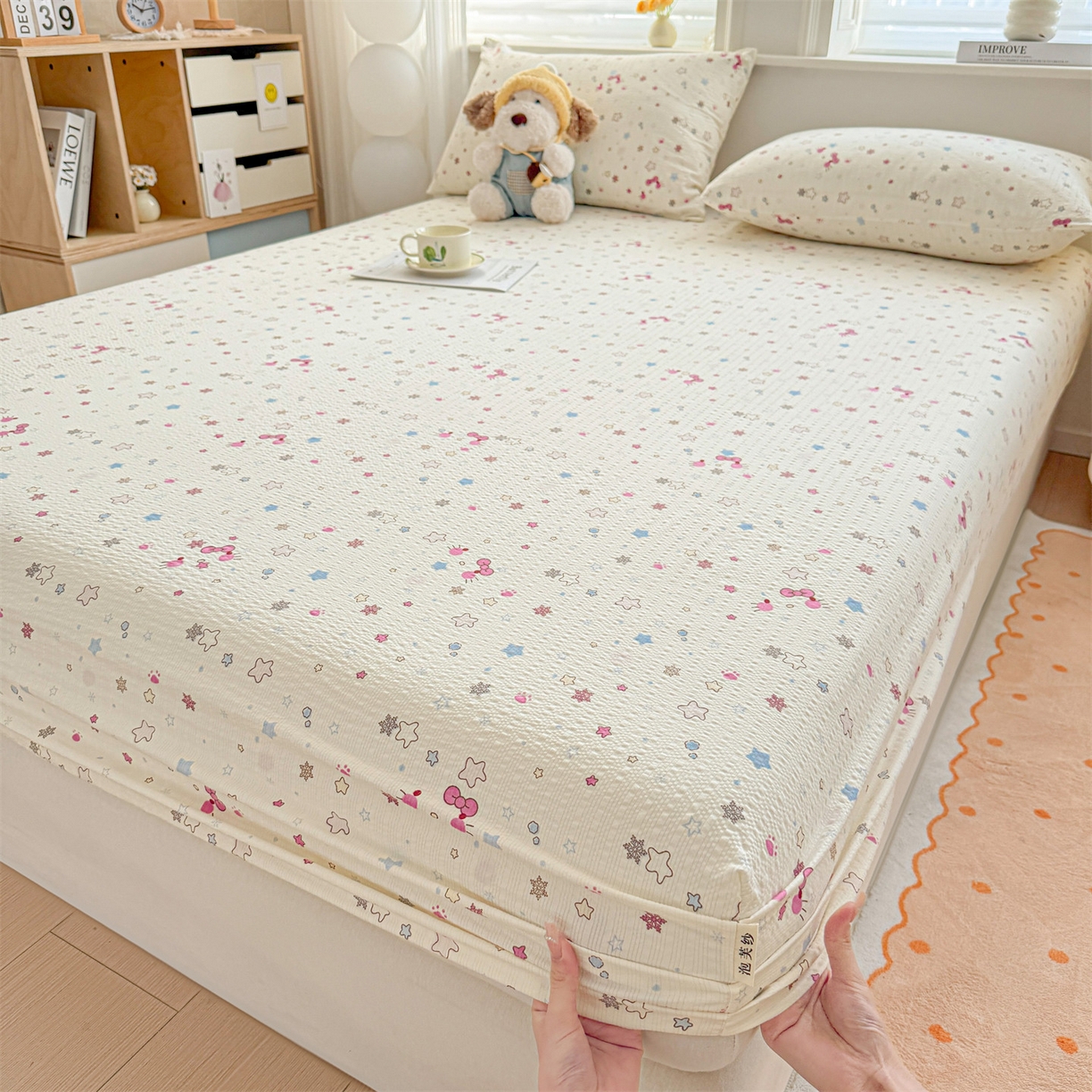 91家纺网 家纺一手货源 找家纺 优眠坊 2026春夏新款泡芙纱印花单床笠 床笠单件 甜心宝贝-单层