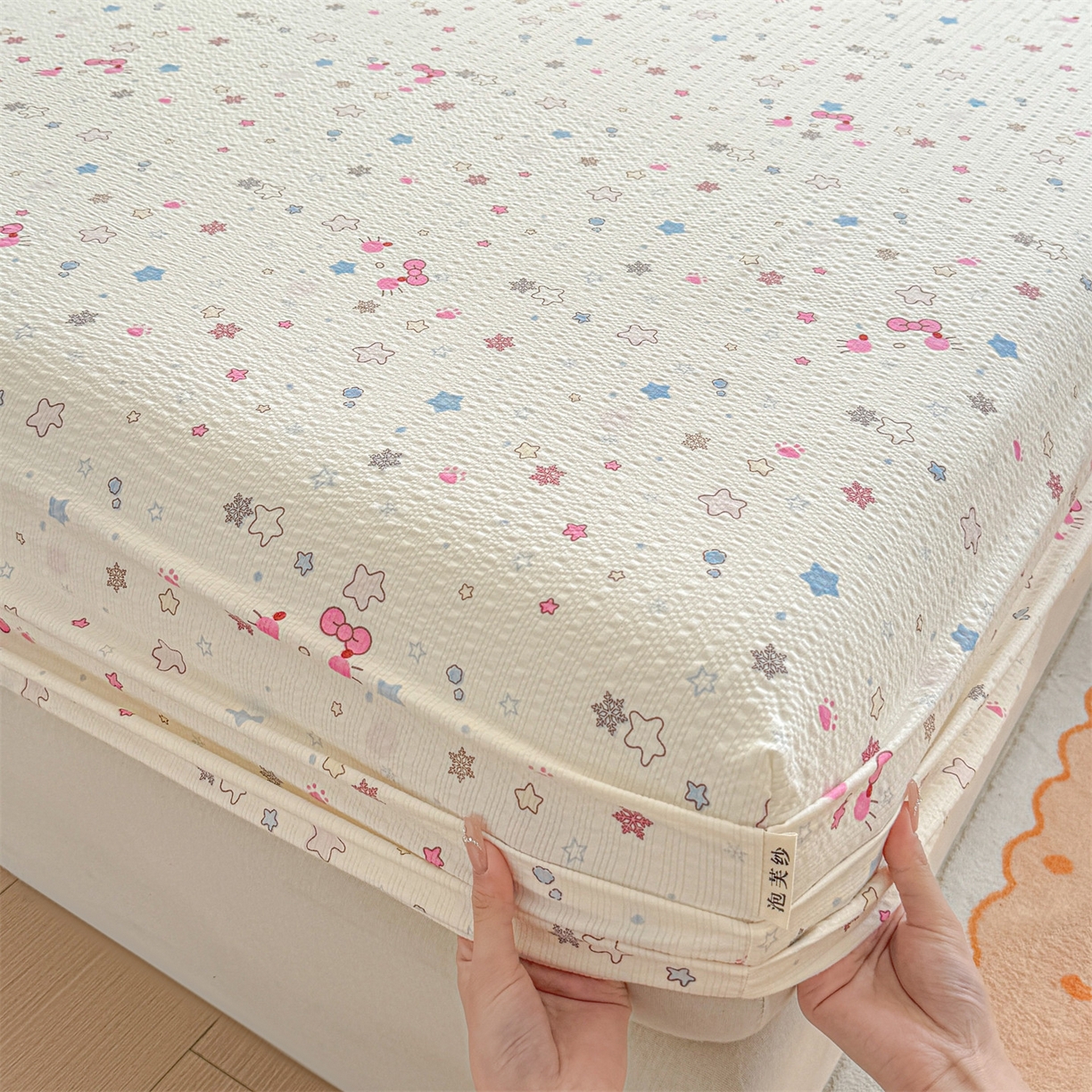 91家纺网 家纺一手货源 找家纺 优眠坊 2026春夏新款泡芙纱印花单床笠 床笠单件 甜心宝贝-单层