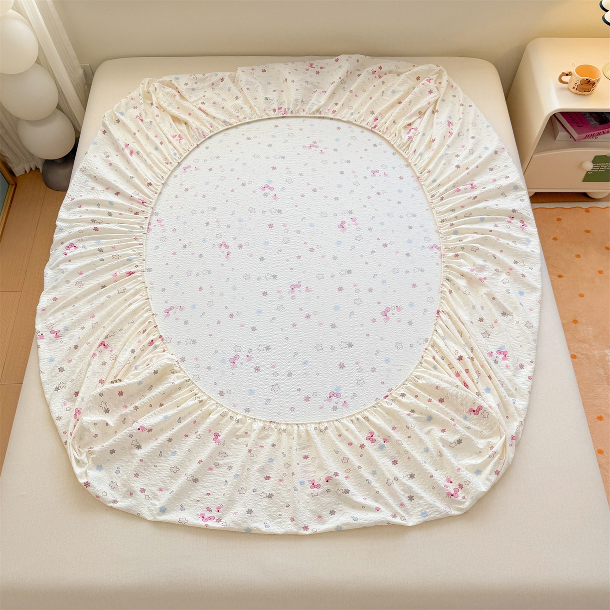 91家纺网 家纺一手货源 找家纺 优眠坊 2026春夏新款泡芙纱印花单床笠 床笠单件 甜心宝贝-单层