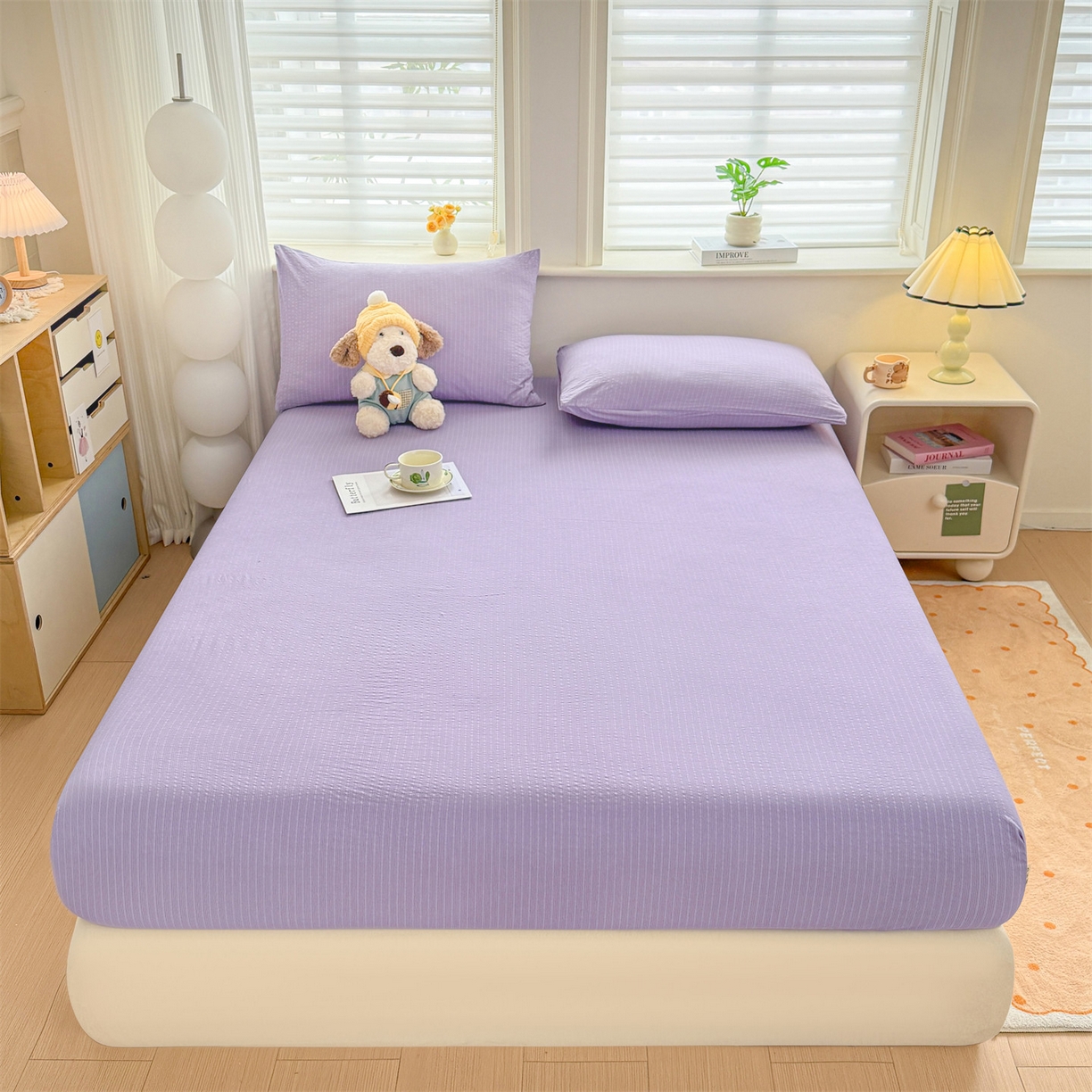 91家纺网 家纺一手货源 找家纺 优眠坊 2026春夏新款泡芙纱印花单床笠 床笠单件 西梅紫-单层